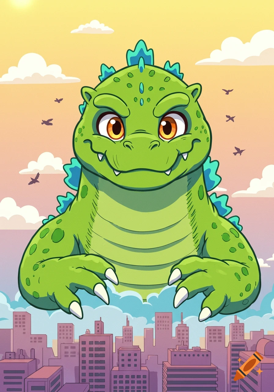 A smiling green cartoon monster with large orange eyes and spiky back rises above a city skyline under a colorful sky.