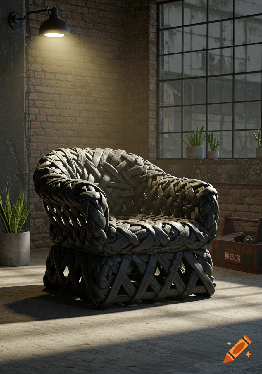 An armchair made from braided old tire tubes sits in an industrial room with brick walls, a large window, and concrete floor.