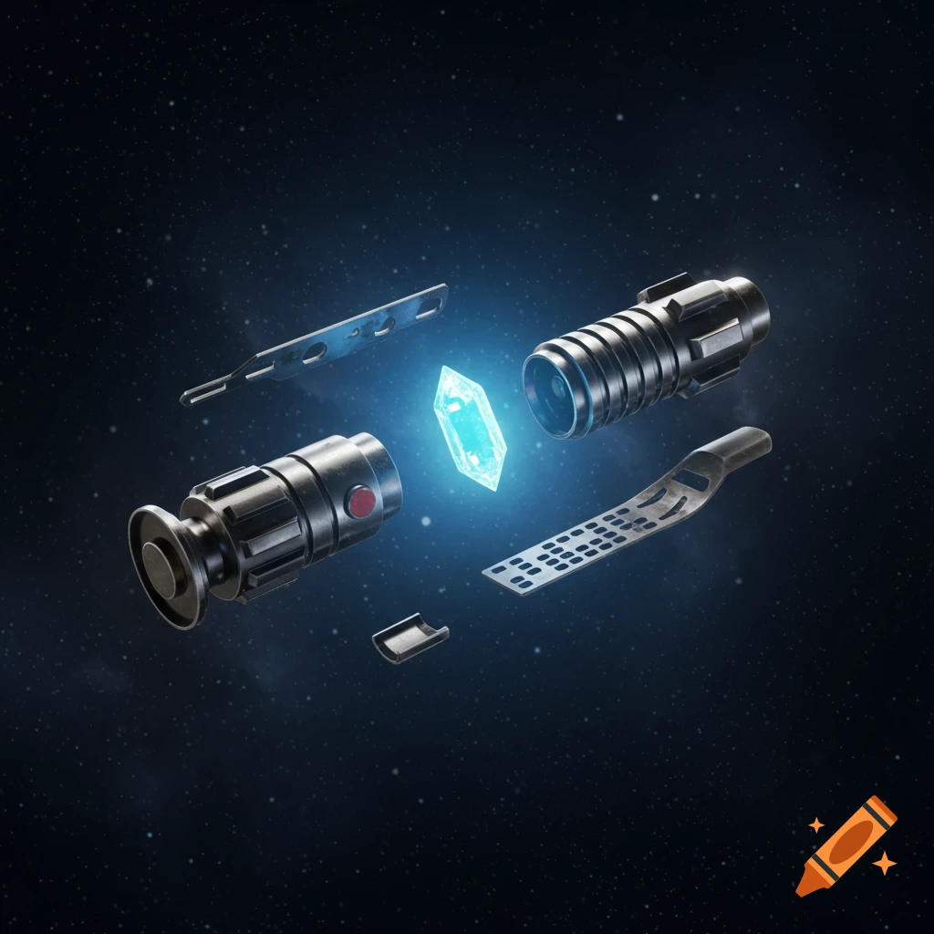 Disassembled lightsaber components and a glowing blue kyber crystal float against a starry space background.