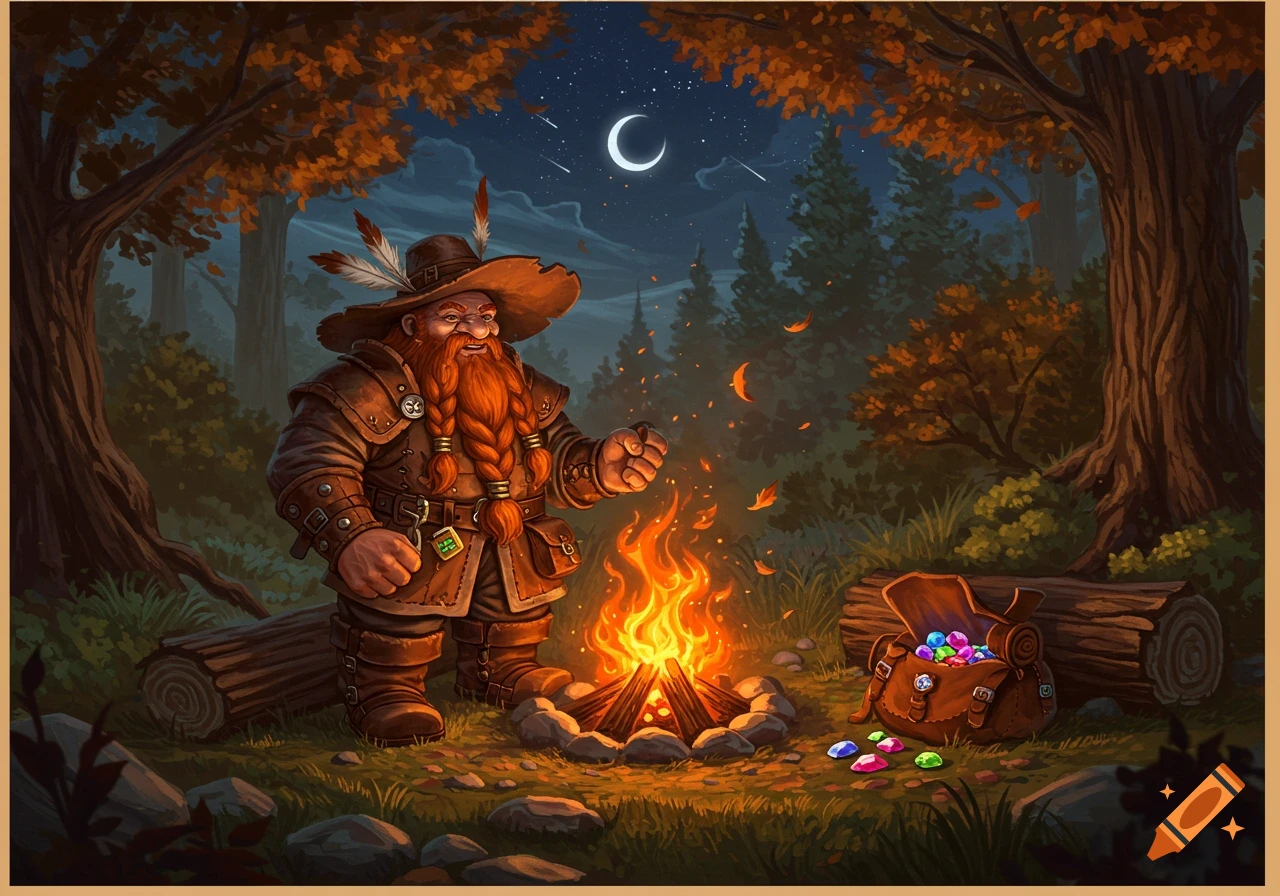 A fantasy illustration of a grumpy dwarf in a hat and leather armor by a campfire at night, with an open bag of colorful jewels.