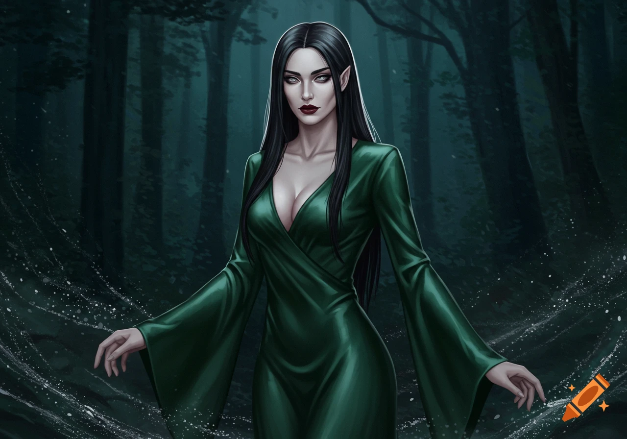 A fantasy woman with long black hair, grey eyes, and a dark green silk gown stands in a mystical forest, digital art.
