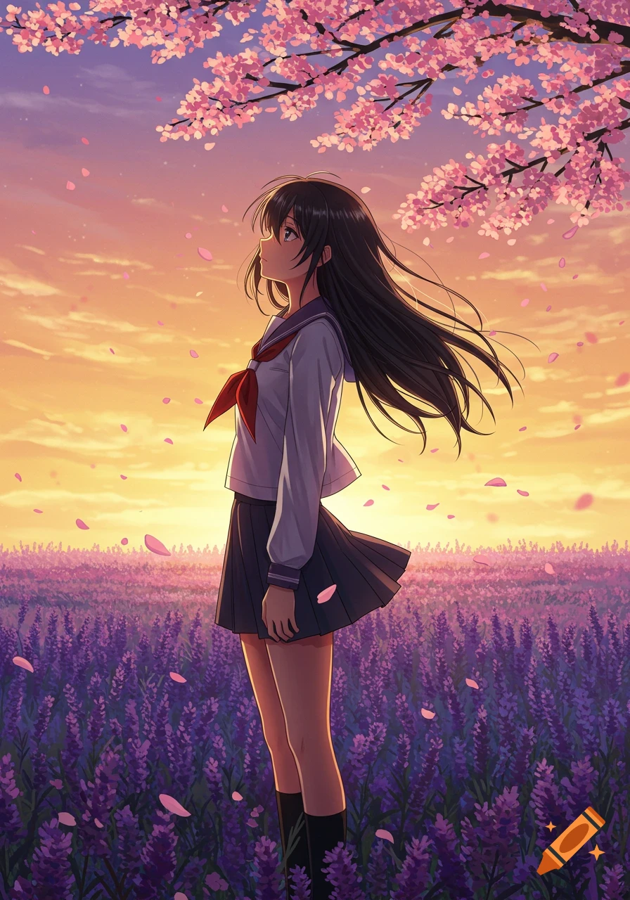 Anime schoolgirl stands in a vibrant lavender field under falling cherry blossoms against a sunset sky.