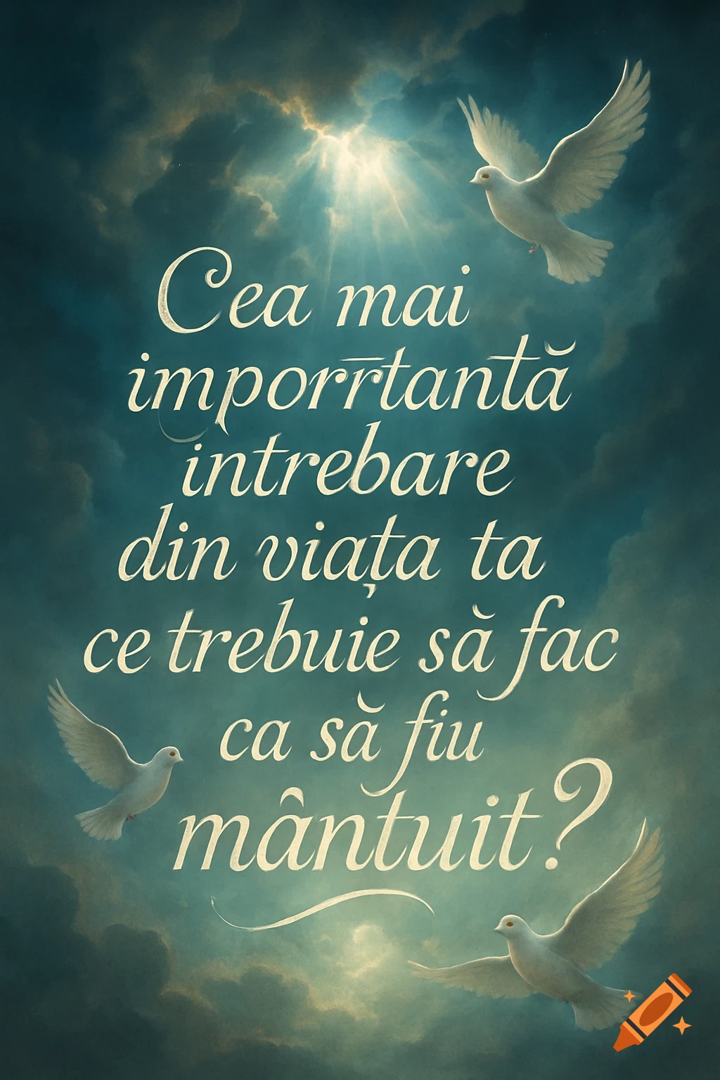 Three white doves fly among dark clouds with light rays breaking through, framing a Romanian inspirational quote about salvation.