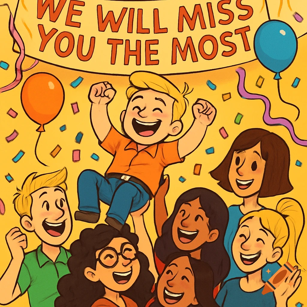 Cartoon of a blonde man held up by six cheering people at a celebration with balloons, confetti, and a 'WE WILL MISS YOU THE MOST' banner.