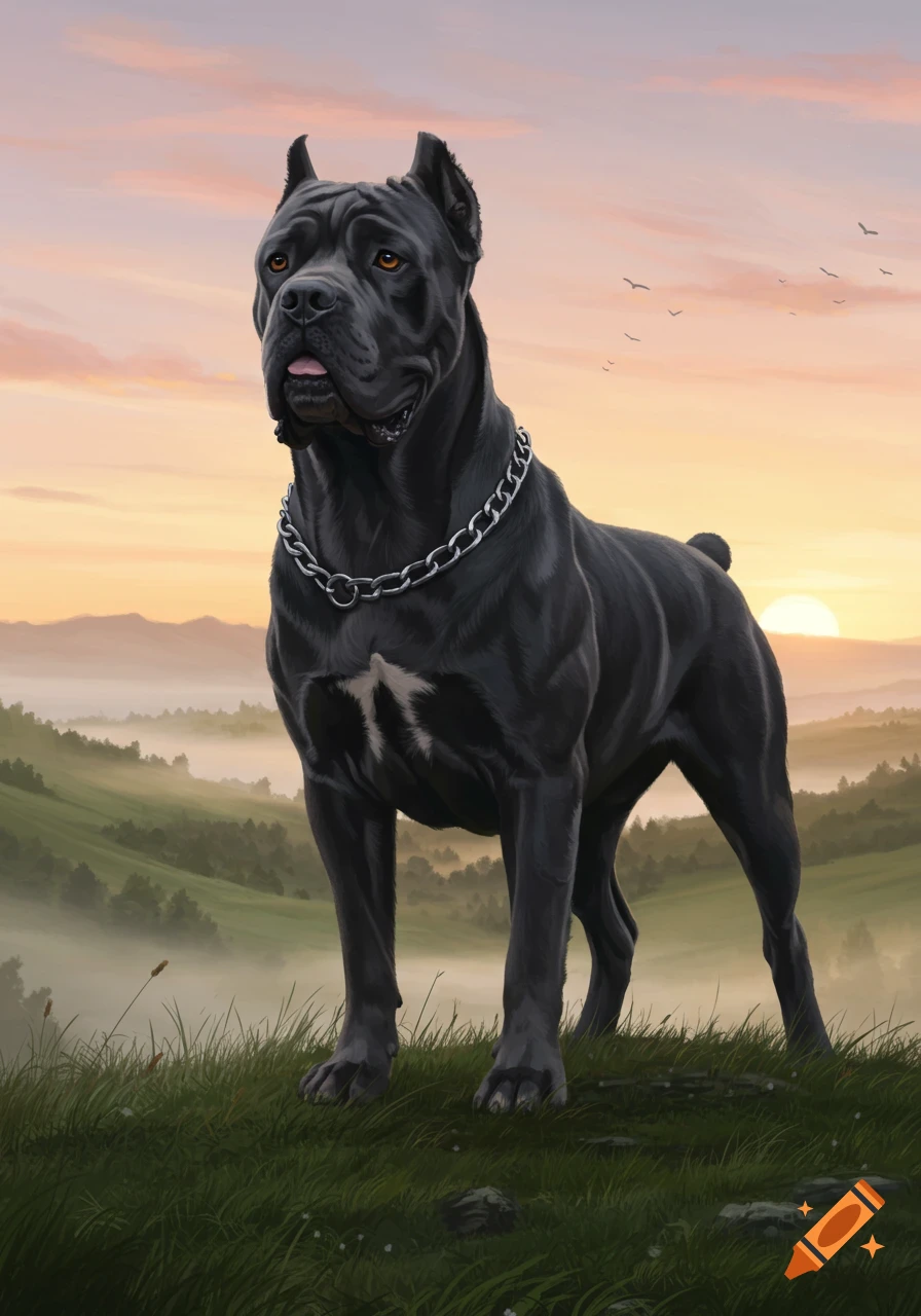 A muscular black Cane Corso dog with a chain collar stands on a grassy hill at sunset with misty green mountains.