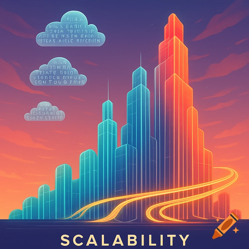 Stylized neon cityscape with glowing blue and orange buildings, golden winding paths, and clouds containing gibberish text. The word SCALABILITY is at the bottom.