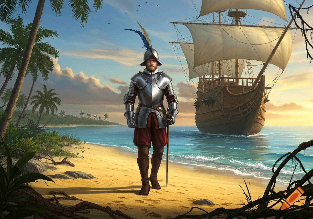 A Spanish conquistador in full armor stands on a tropical beach with a large wooden sailing ship in the ocean behind him.