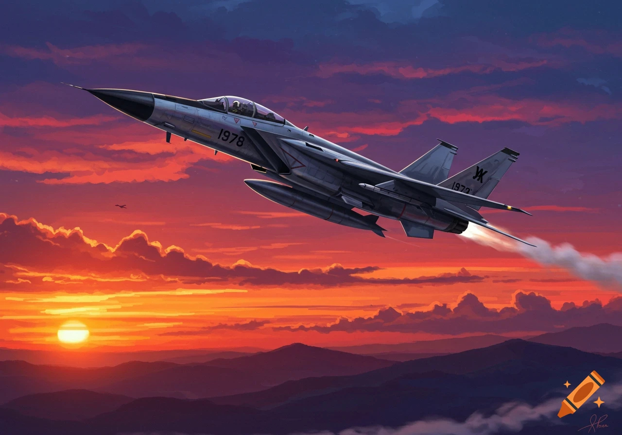A fighter jet with '1978' on its side flies across a vibrant orange and purple sunset sky over mountains.