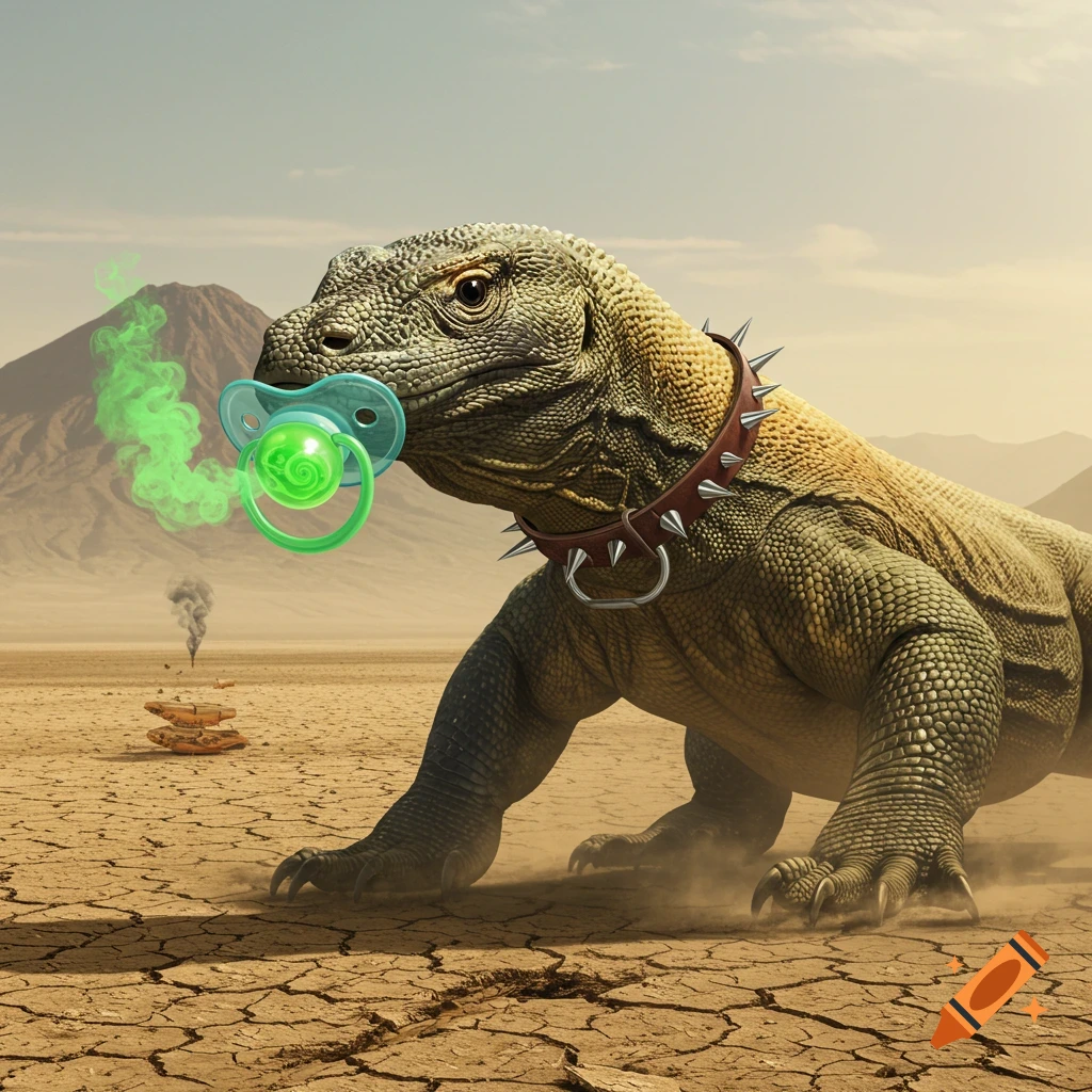 A Komodo dragon with a spiked collar and a glowing green pacifier emitting green smoke stands on cracked desert ground.