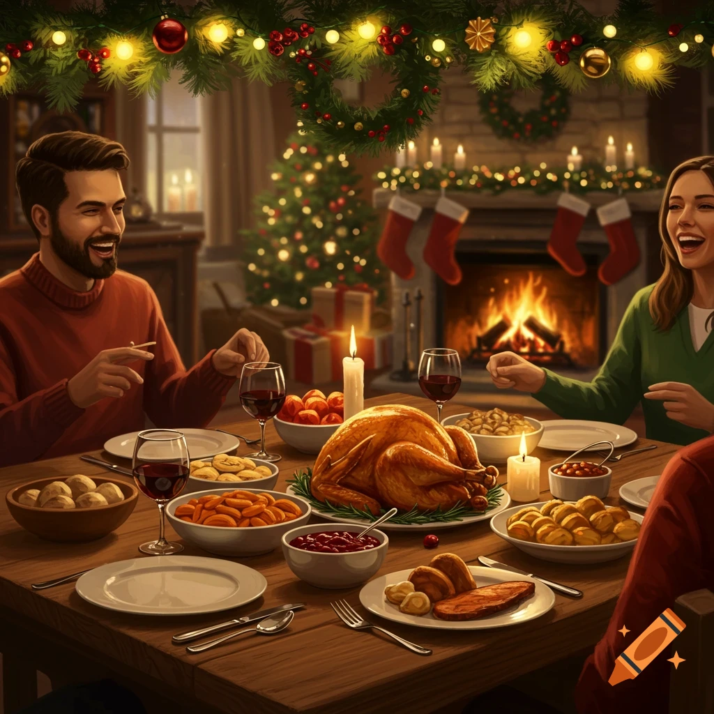 A happy group of people enjoying a festive Christmas dinner with a roasted turkey, wine, and a fireplace in the background.