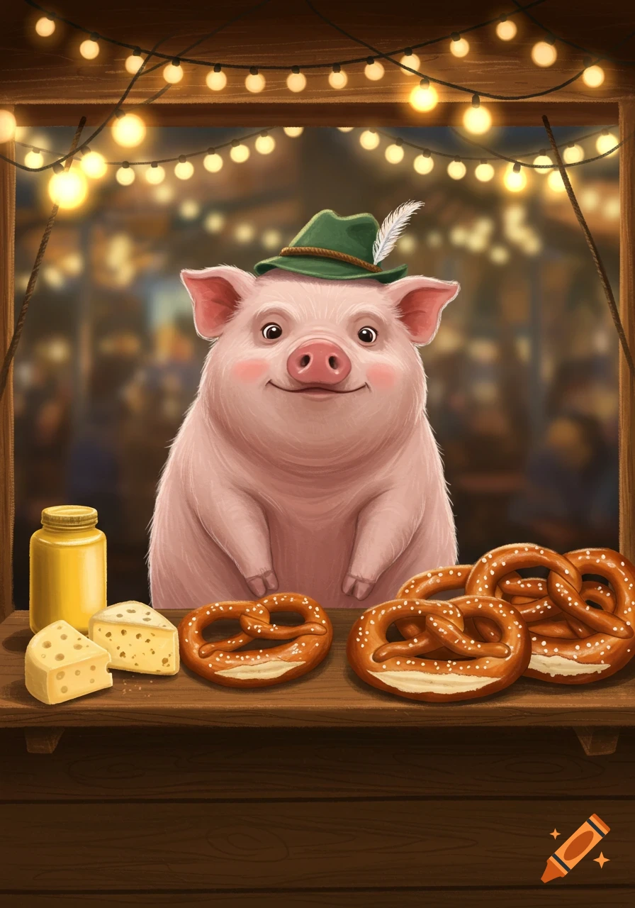 A cute cartoon pig wearing a green hat with a feather, standing behind a wooden stall with pretzels, cheese, and mustard, under string lights.