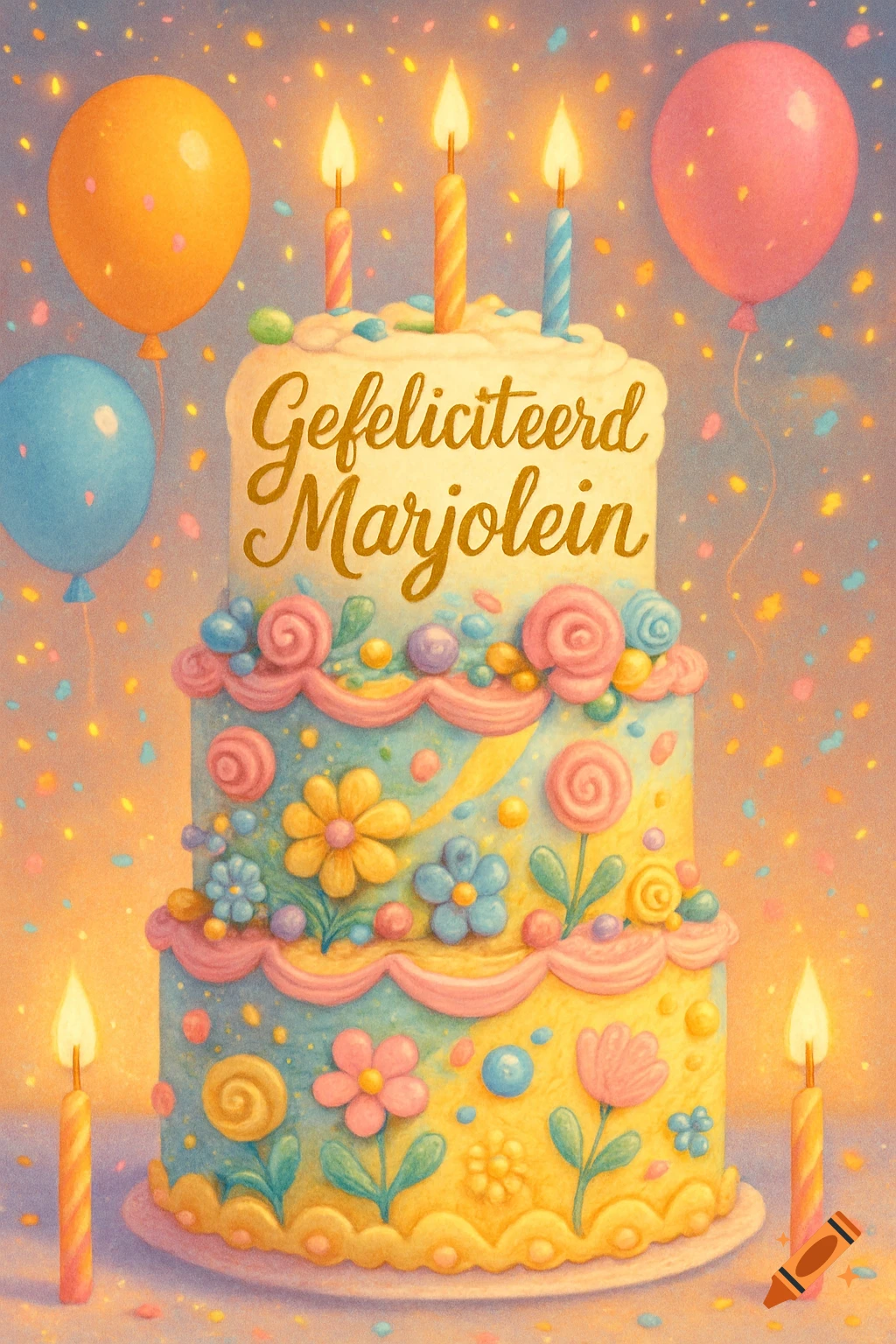 A colorful, tiered birthday cake with 'Gefeliciteerd Marjolein' written on it, surrounded by balloons and confetti, in an illustrative style.