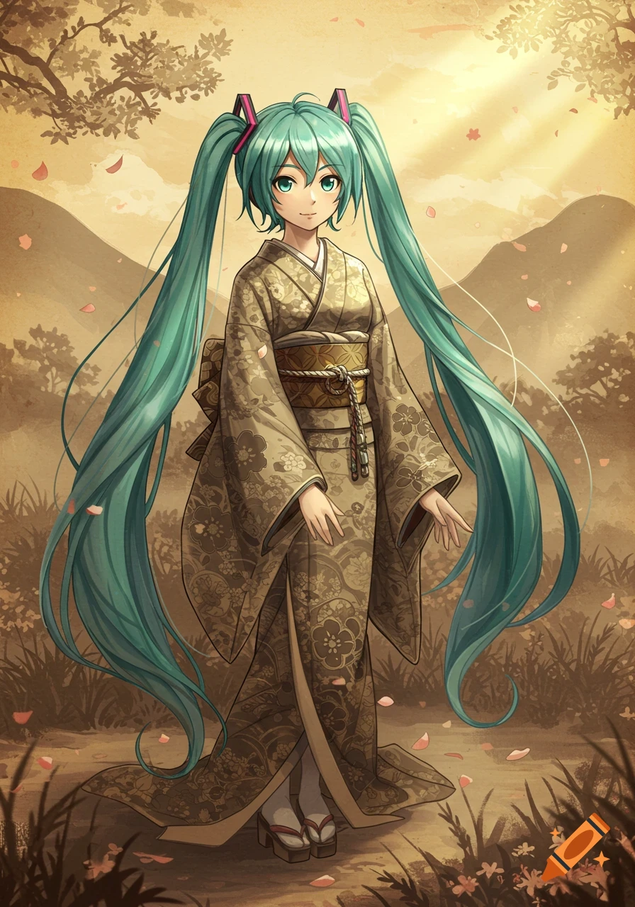 An anime girl, Hatsune Miku, with long teal twin-tails, stands in a patterned gold kimono and geta sandals in a warm, sepia-toned landscape with cherry blossoms.