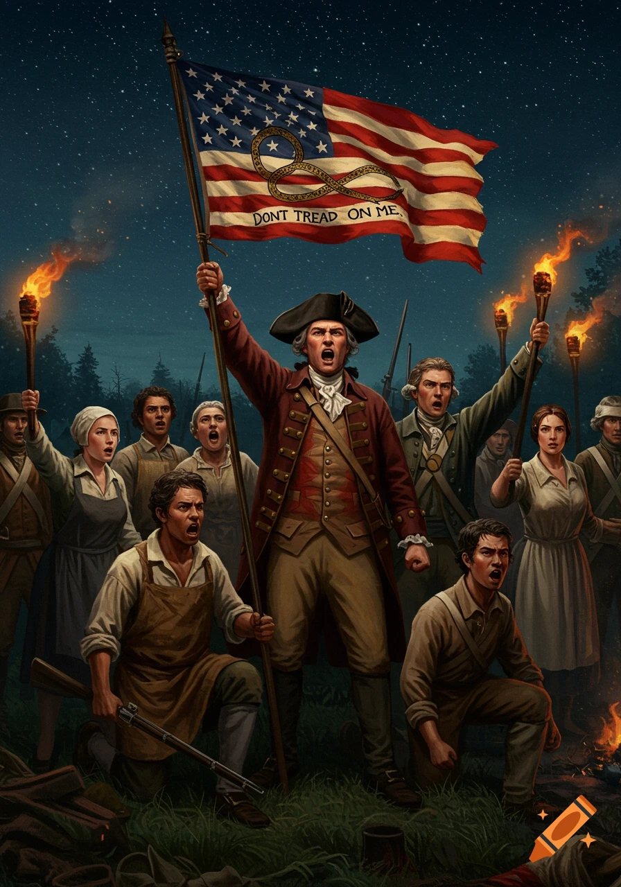 An illustrative painting of American Revolutionaries rallying at night, one holding a 'DONT TREAD ON ME' flag, others with torches.