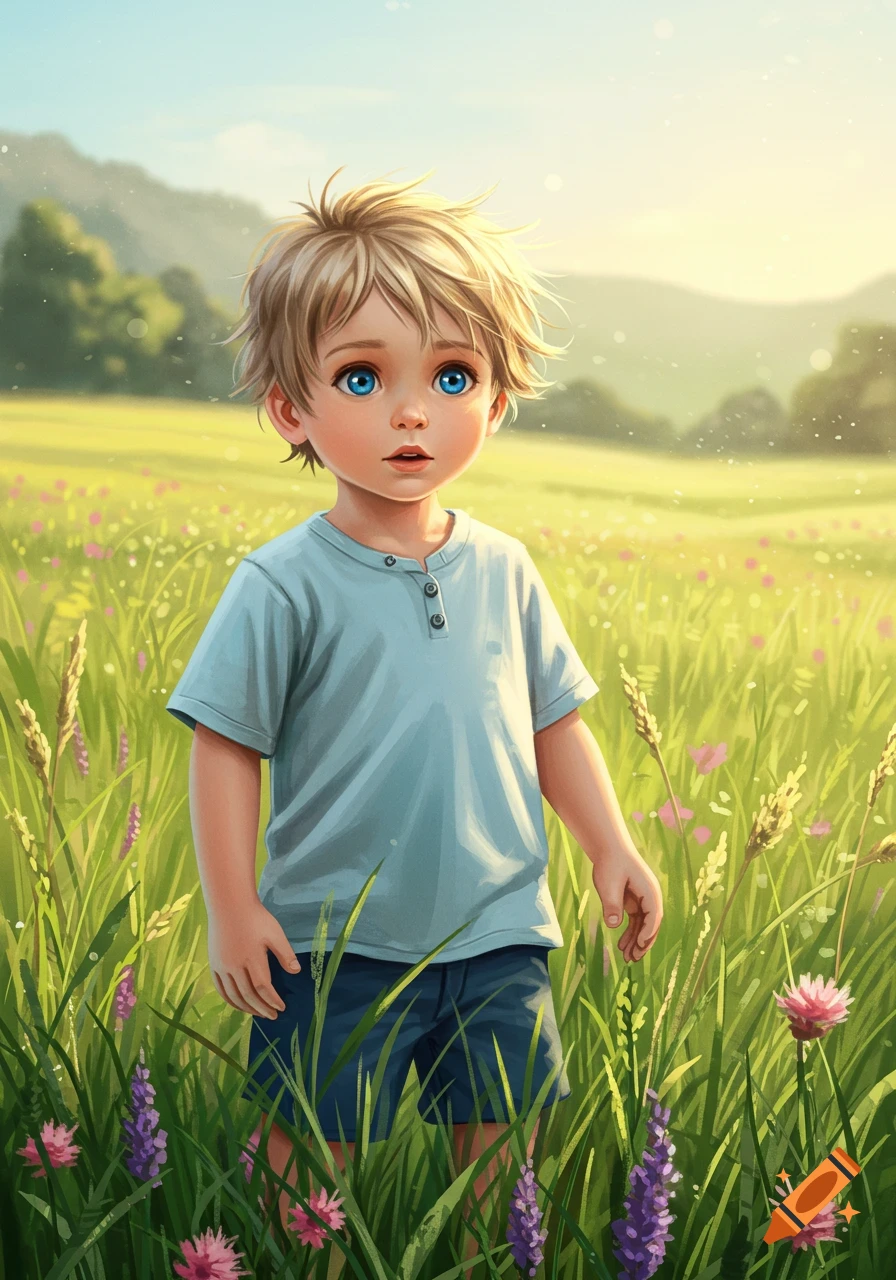 An illustrative young boy with blonde hair and blue eyes stands in a sunny field of green grass and wildflowers.