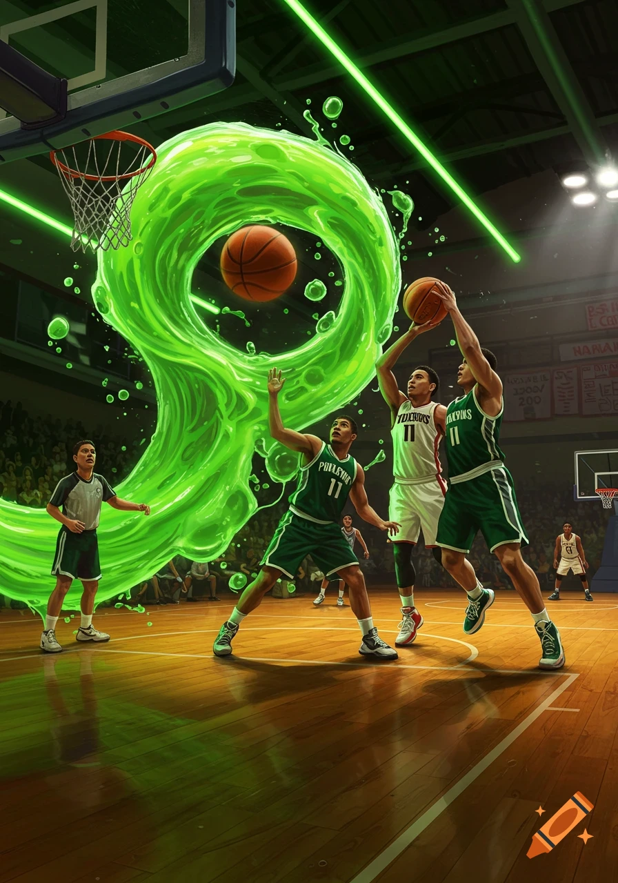 A stylized basketball game where a giant green slime creature wraps around a basketball mid-air, with players in green and white jerseys on a wooden court under bright lights.