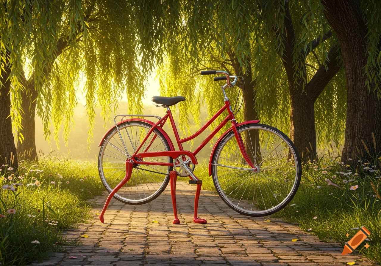 A red bicycle with human-like legs stands on a stone path in a sun-dappled park under willow trees.