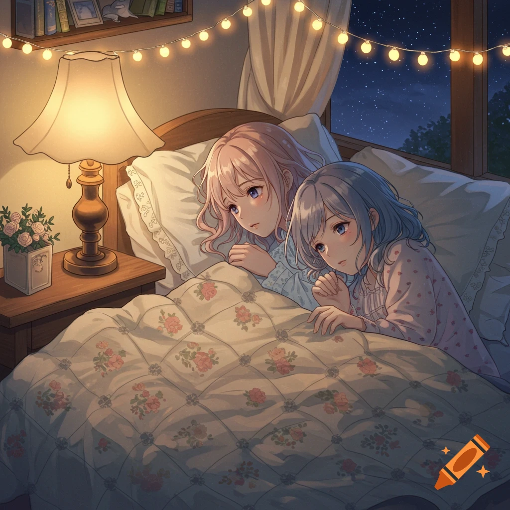 Two anime girls in pajamas lie in a cozy bed at night, illuminated by a bedside lamp and fairy lights.
