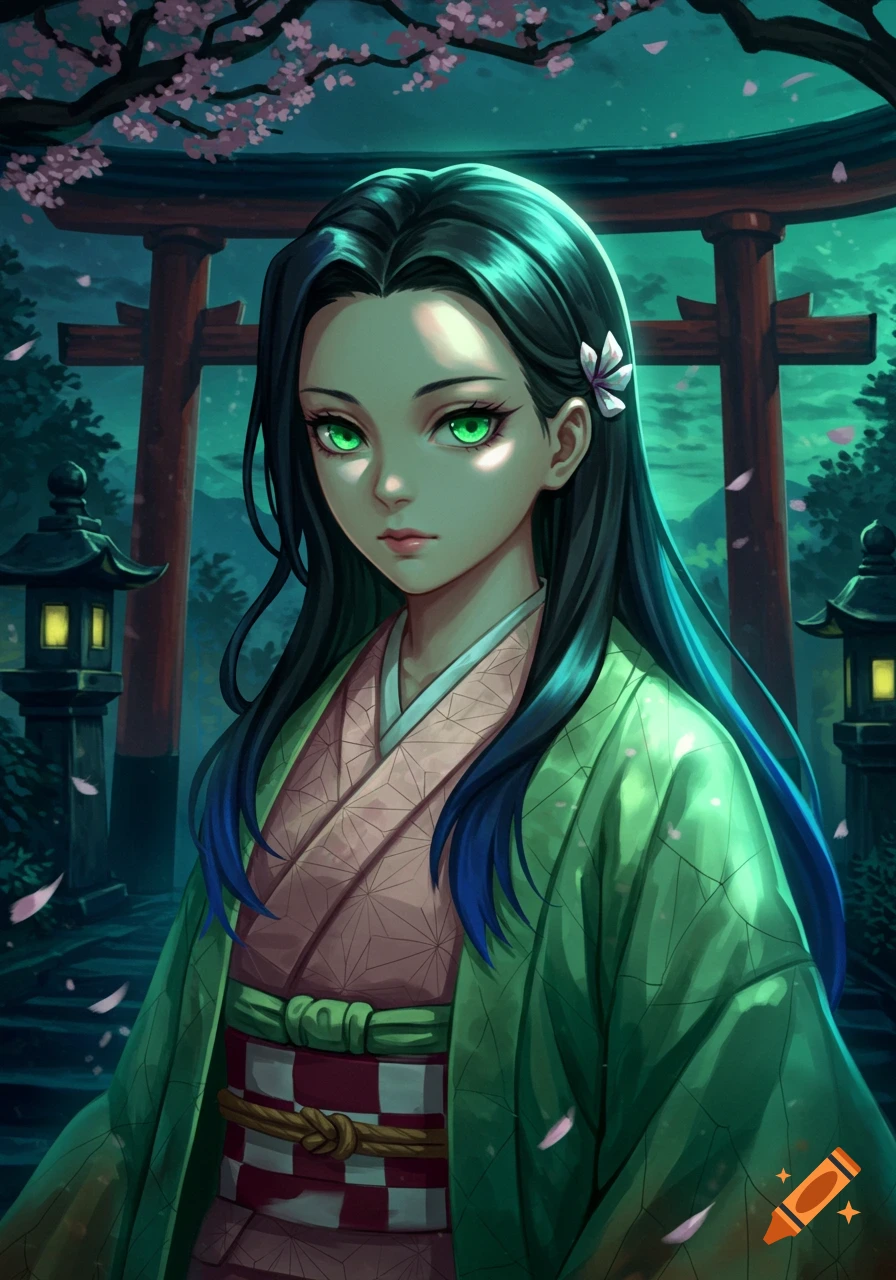 An anime girl with long black hair with blue tips and glowing green eyes wears a green kimono and stands before a torii gate under a cherry blossom tree at dusk.
