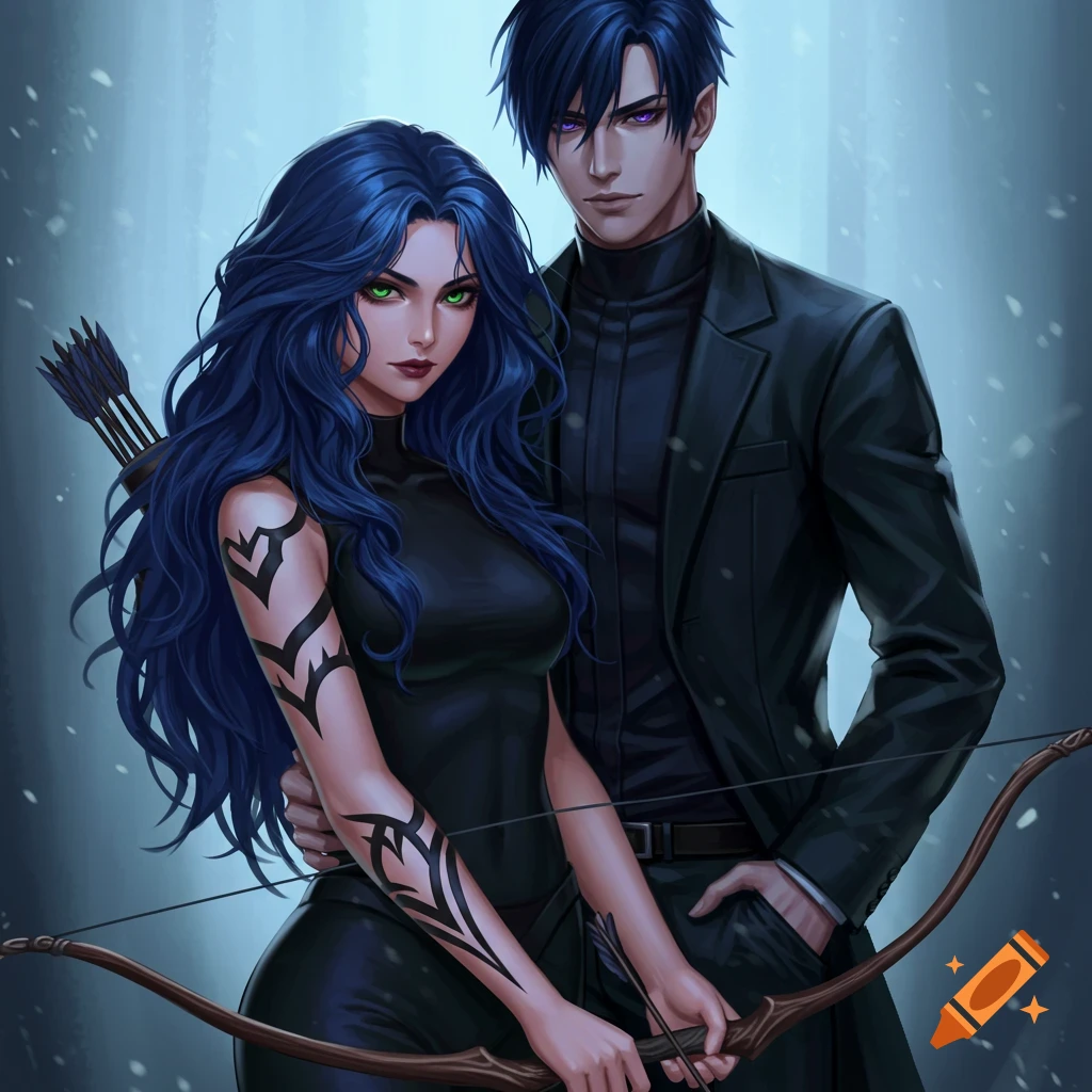 A blue-haired woman with green eyes and tattoos holds a bow, standing with a dark-haired man with violet eyes in a digital art style.