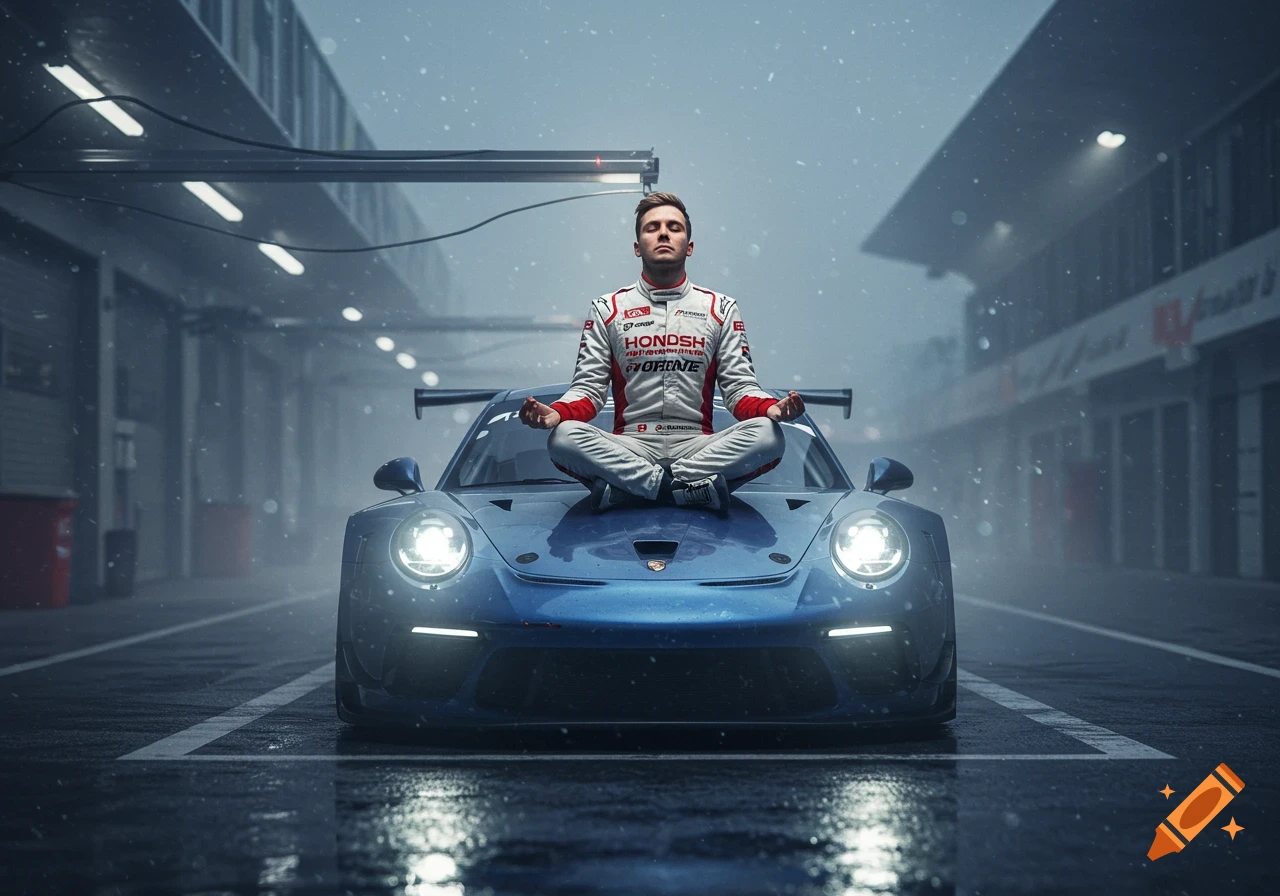 Photorealistic image of a racing driver meditating in a lotus pose on a blue Porsche GT3 car on a wet track.