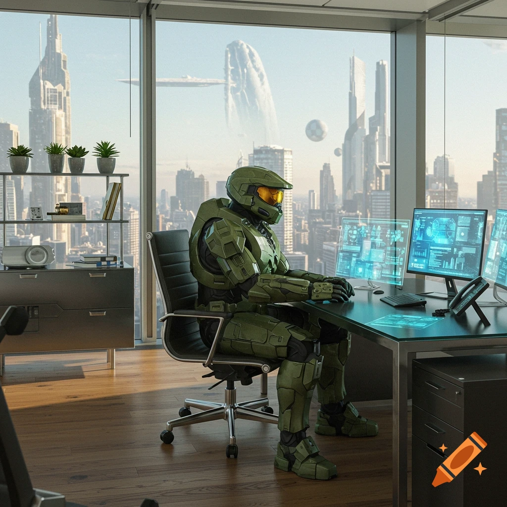 Master Chief in his green armor sits at a modern office desk in a skyscraper, looking at holographic and digital computer screens. A futuristic city is visible through large windows.