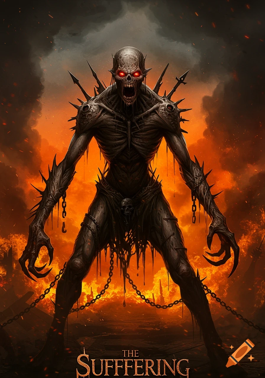 A skeletal, spiked monster with glowing red eyes stands in front of a fiery, hellish background, with chains around its limbs. Title 'THE SUFFERING' below.