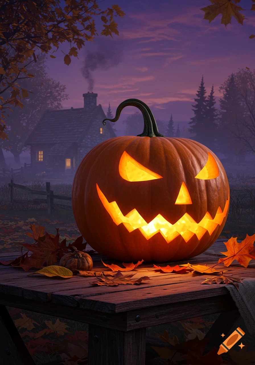 A glowing jack-o'-lantern sits on a wooden table with autumn leaves, in front of a misty house under a purple evening sky.