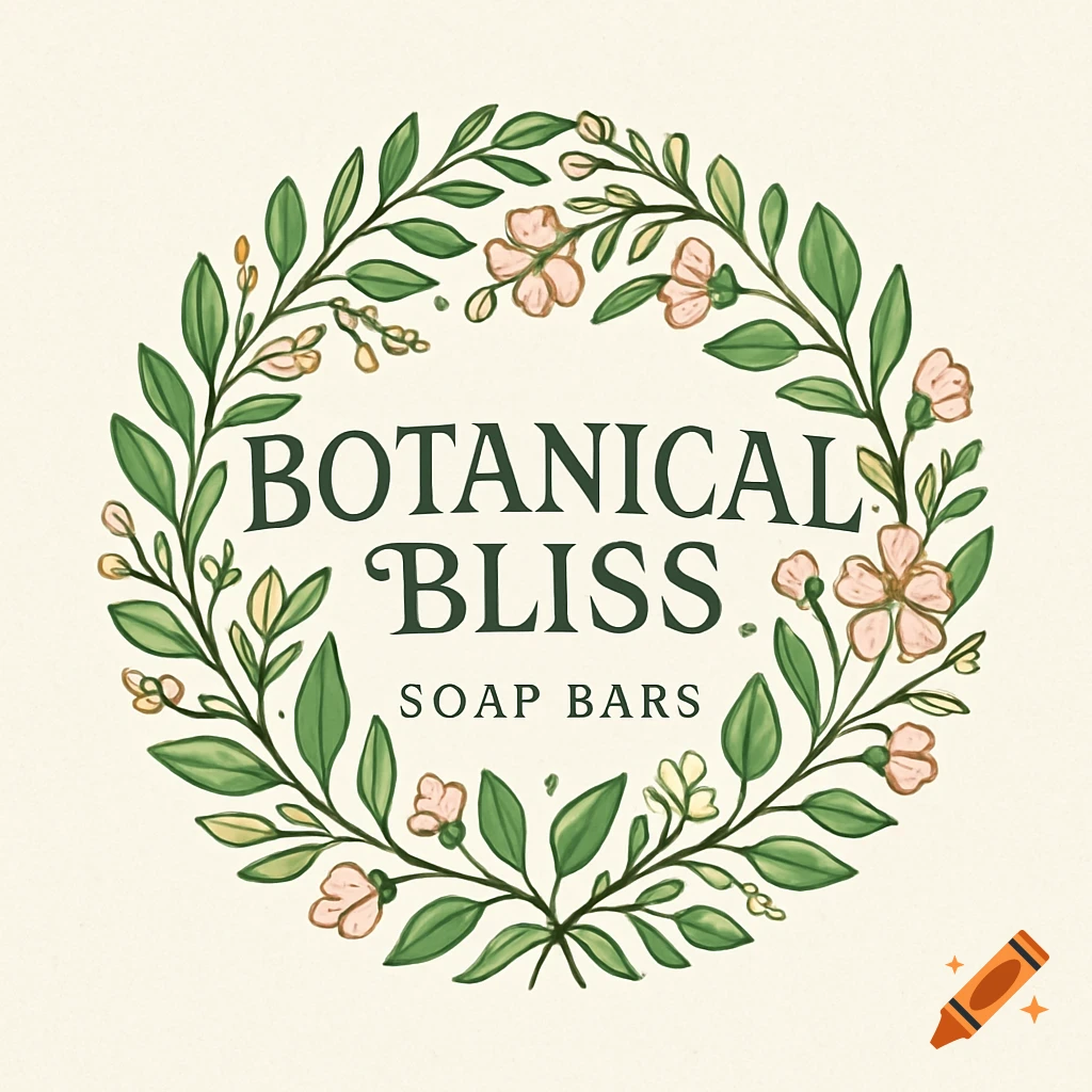 A hand-drawn botanical logo for 'Botanical Bliss Soap Bars' with a green leaf and pink flower wreath.