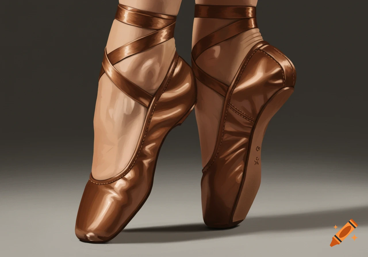 Close-up of a person's feet in shiny brown ballet pointe shoes with ribbons, standing on a gray surface.