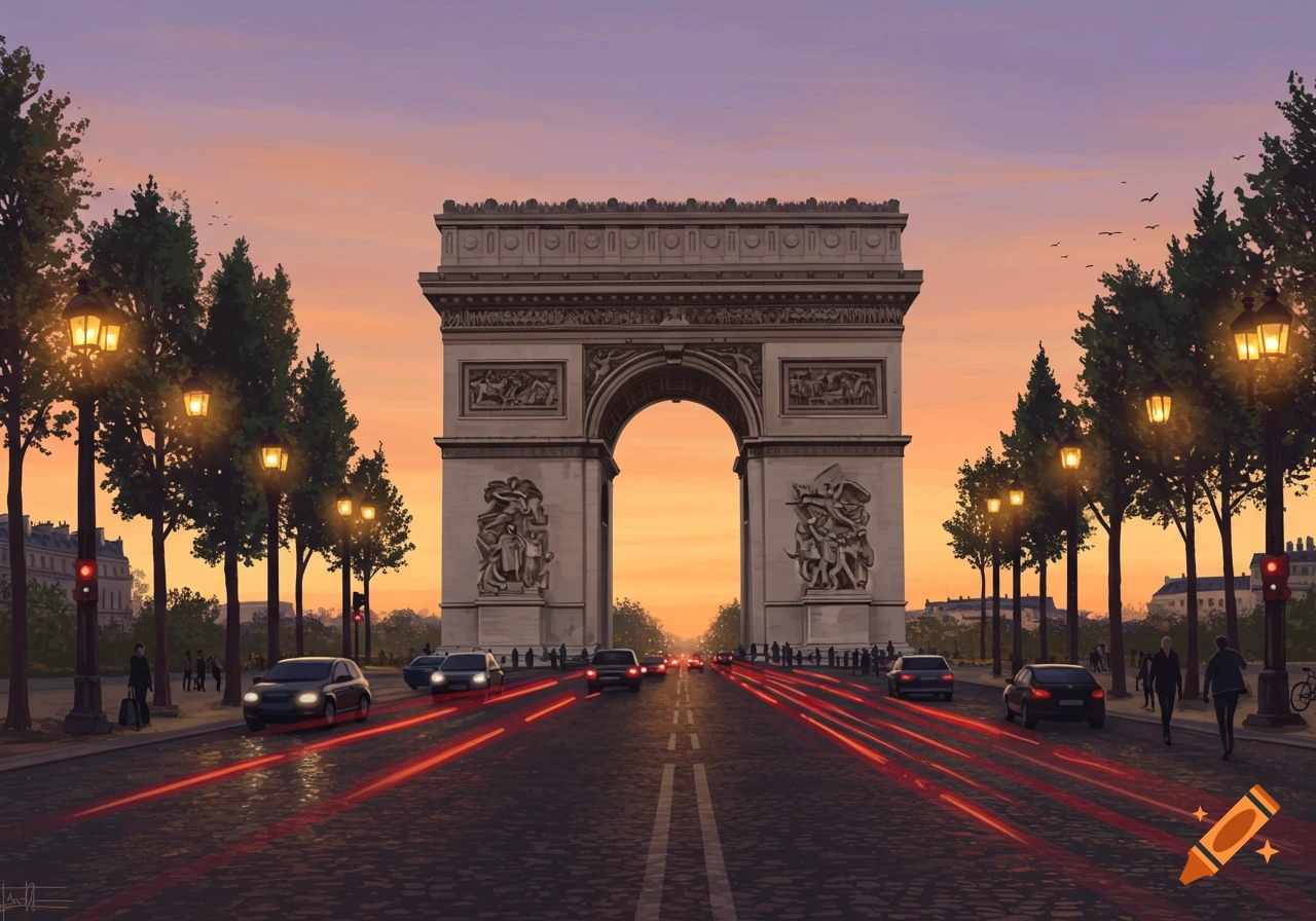 Painterly view of Arc de Triomphe at sunset, with traffic, red light trails on wet street, and illuminated lampposts.