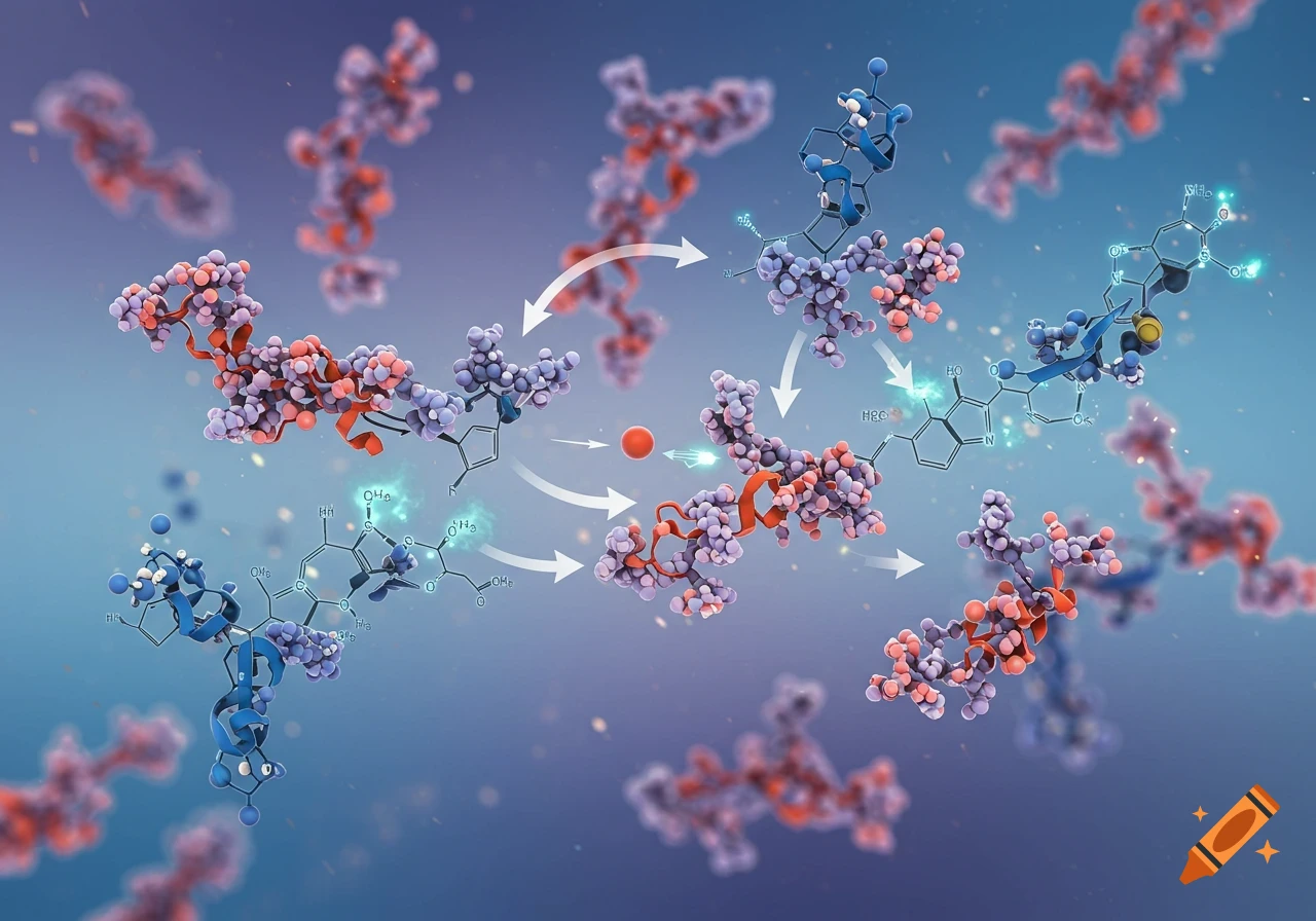 Detailed 3D scientific illustration of complex molecules and chemical structures undergoing a reaction with arrows.