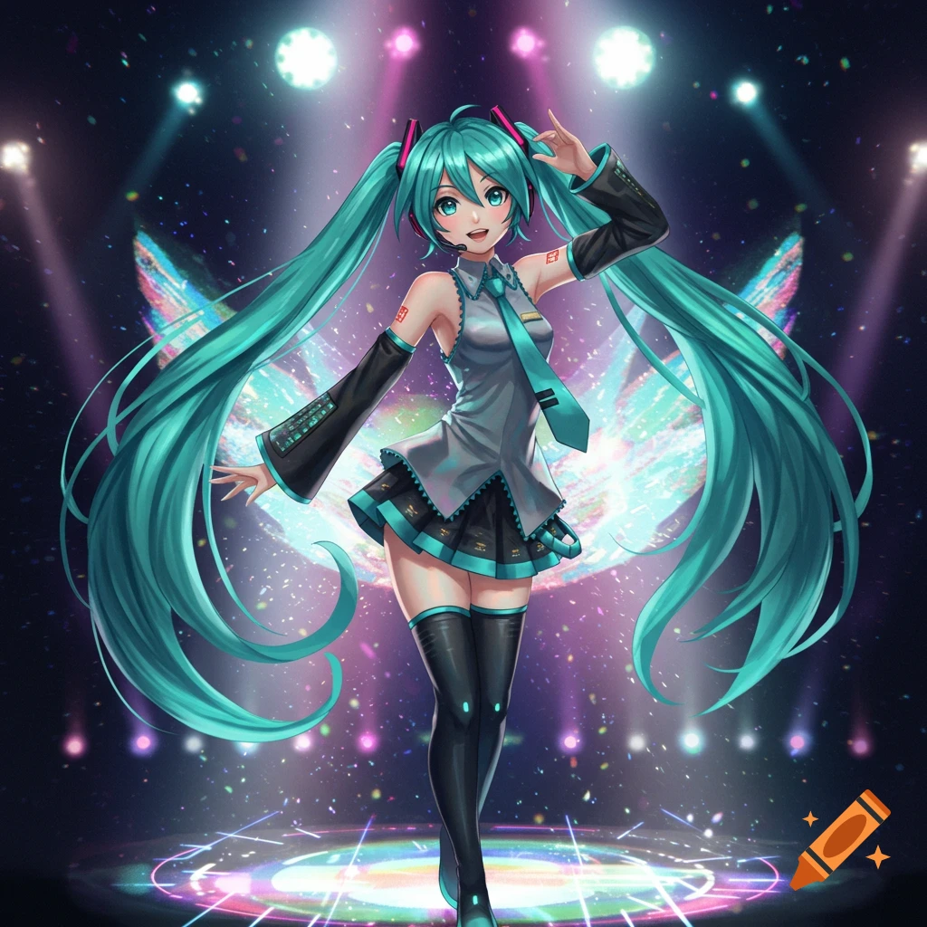 Anime style Hatsune Miku with long teal pigtails, wearing her signature outfit, posing on a sparkling stage under spotlights.