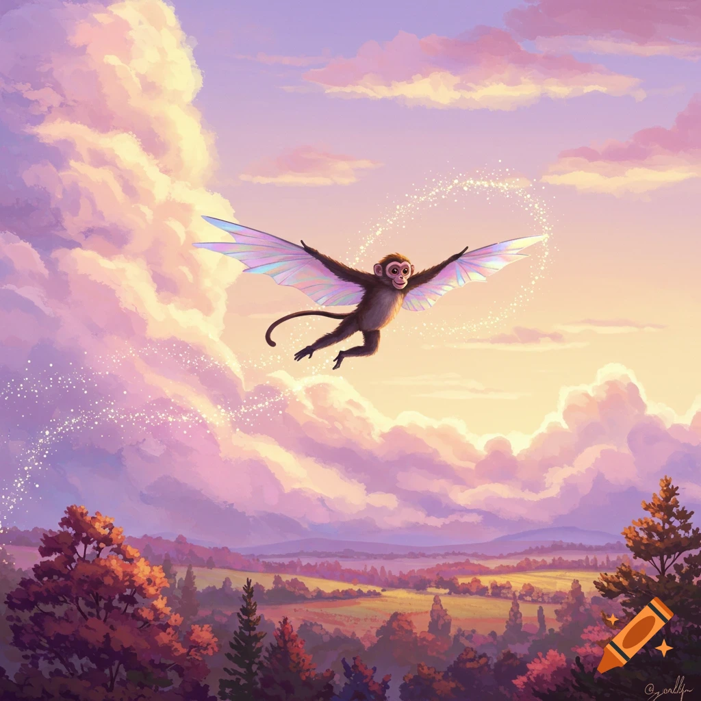 A smiling flying monkey with iridescent wings soars through a magical, cloud-filled purple and orange sky over a lush, colorful landscape.