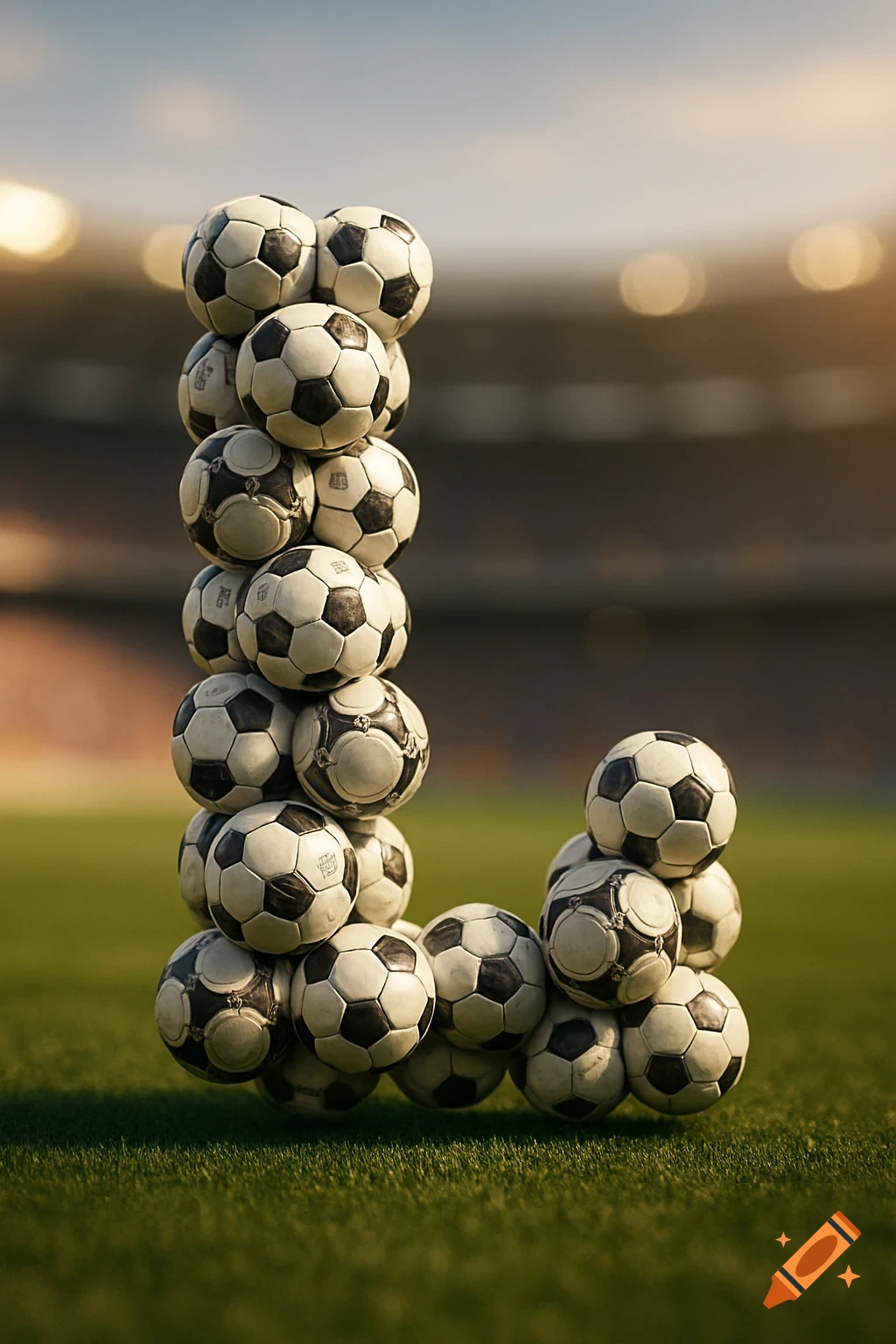 Classic black and white soccer balls are stacked to form the letter L on a vibrant green grass field, with a blurred stadium in the background.