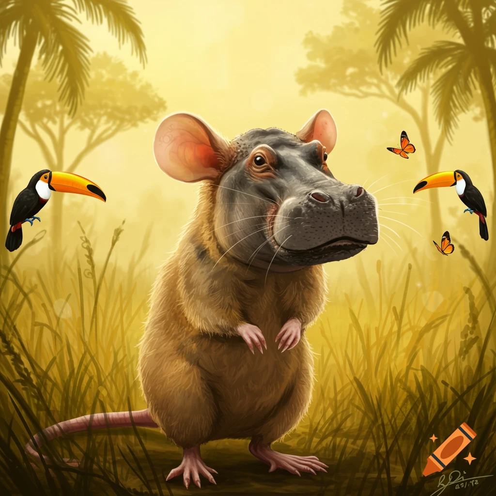 A creature with a rat's body and a hippopotamus's head stands in tall grass, flanked by toucans and butterflies under a golden sky.