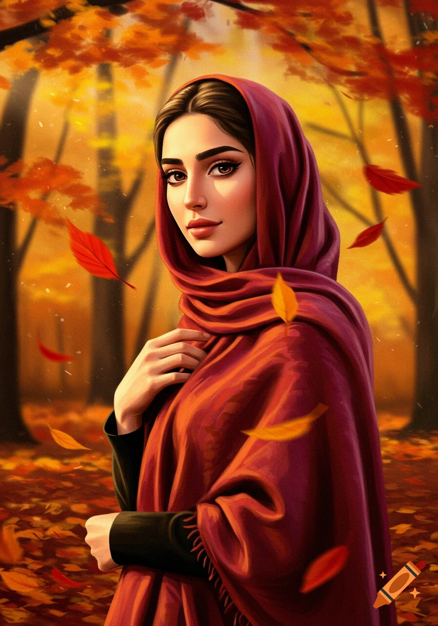 A woman in a red headscarf and shawl stands in an autumn forest with falling orange and red leaves. Illustration.