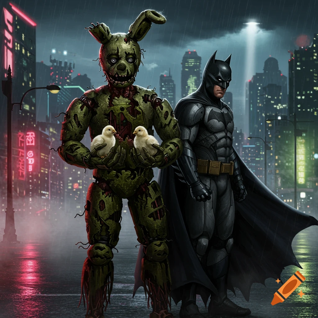 Springtrap holding two white turkey chicks stands next to Batman on a rainy city street at night, with neon lights in the background.