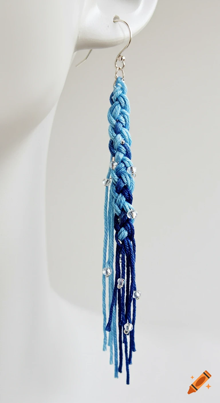 A close-up shot of a single dangle earring featuring braided light and dark blue threads, adorned with small clear beads, hanging from a silver ear hook.