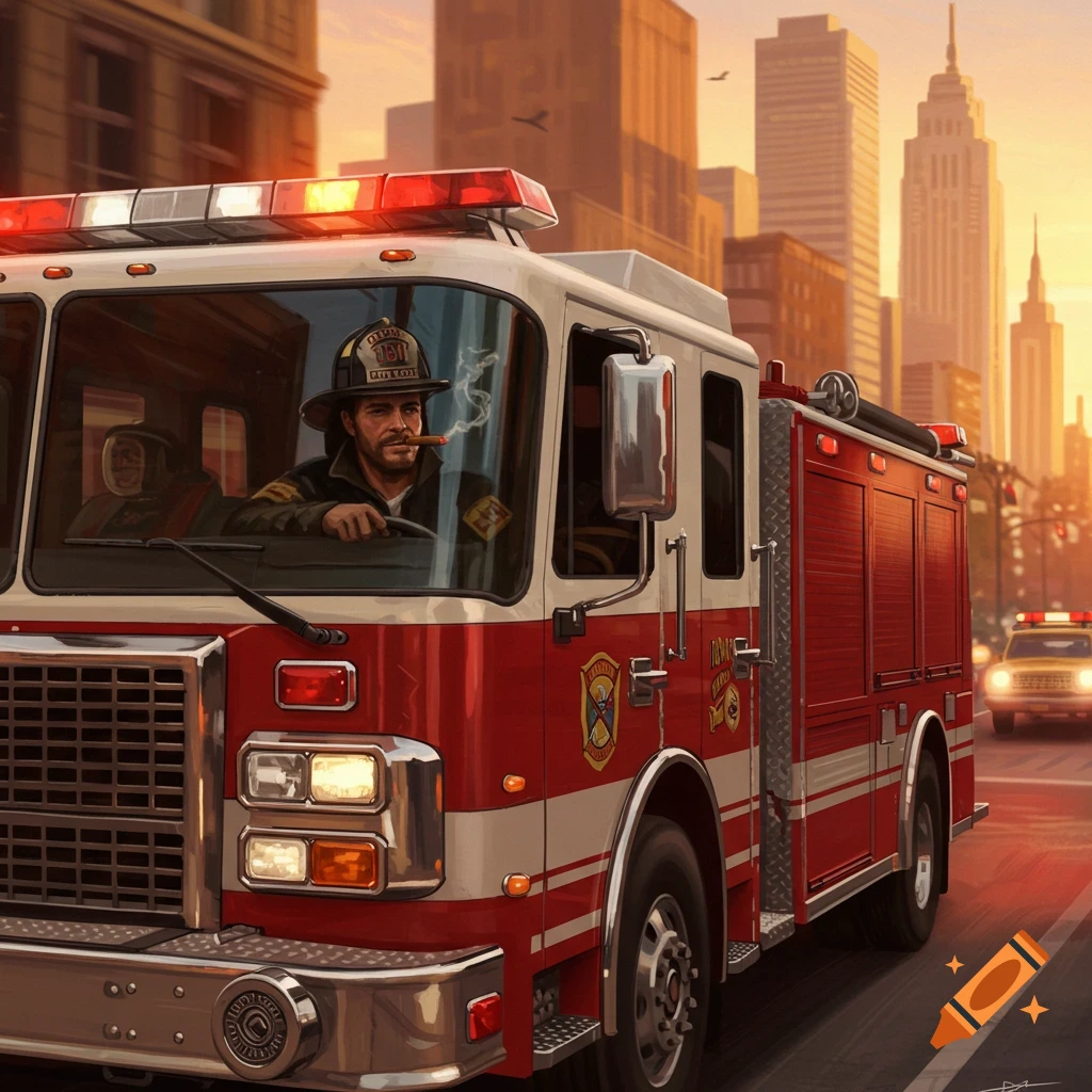 An illustrative image of a fireman in a red and white fire truck, smoking a cigar, driving through a city at sunset.
