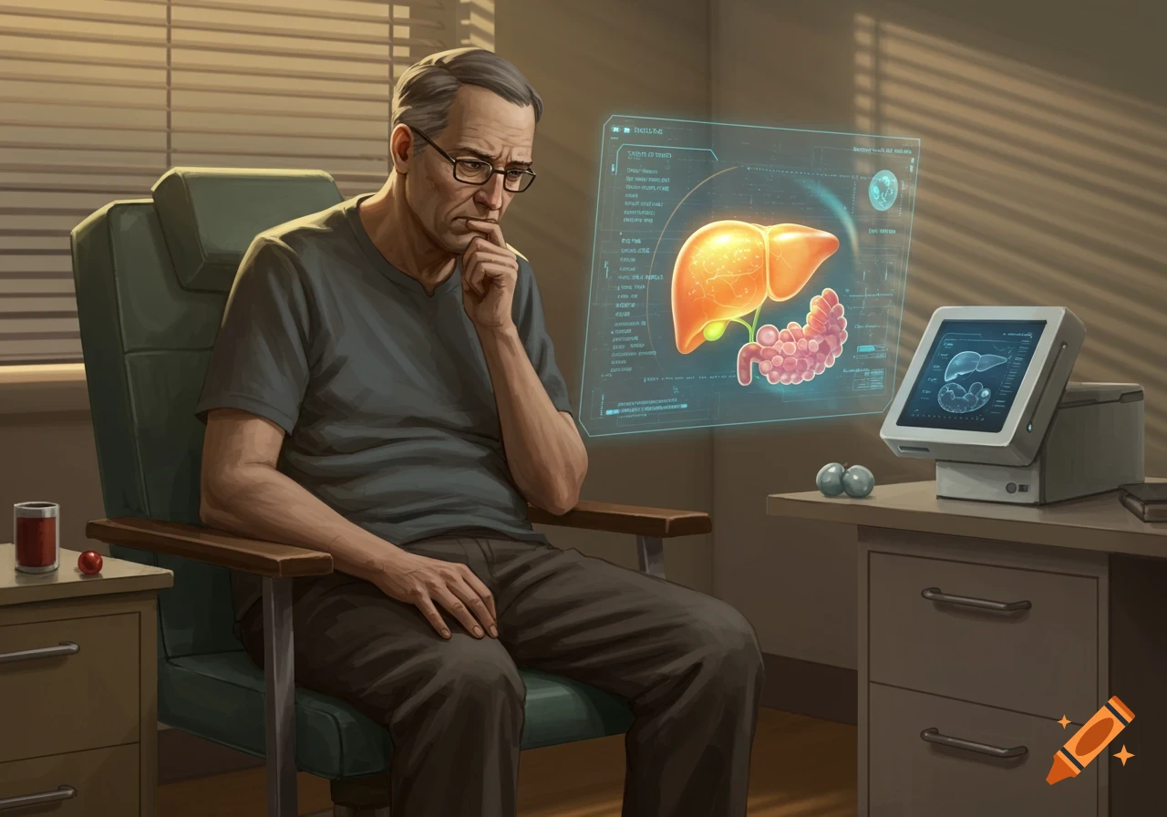 An older man in glasses looks concerned at a holographic display of a liver and intestines and a medical monitor in a futuristic clinic.