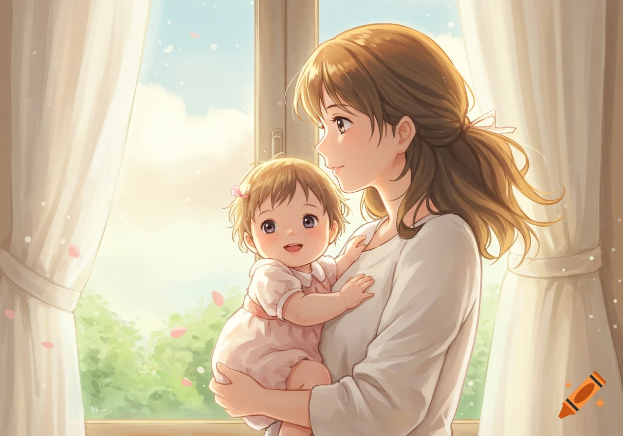 Anime illustration of a mother holding her baby girl, looking out a bright window with soft morning light, Studio Ghibli style with a watercolor background.