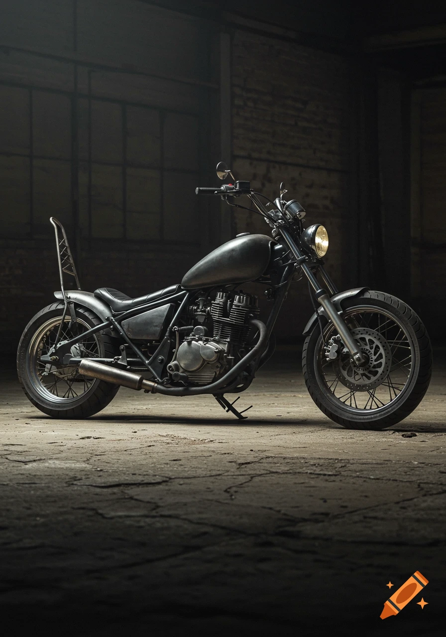 A custom rat-style chopper motorcycle with a matte black finish is parked on a cracked concrete floor in a dark, moody industrial setting.