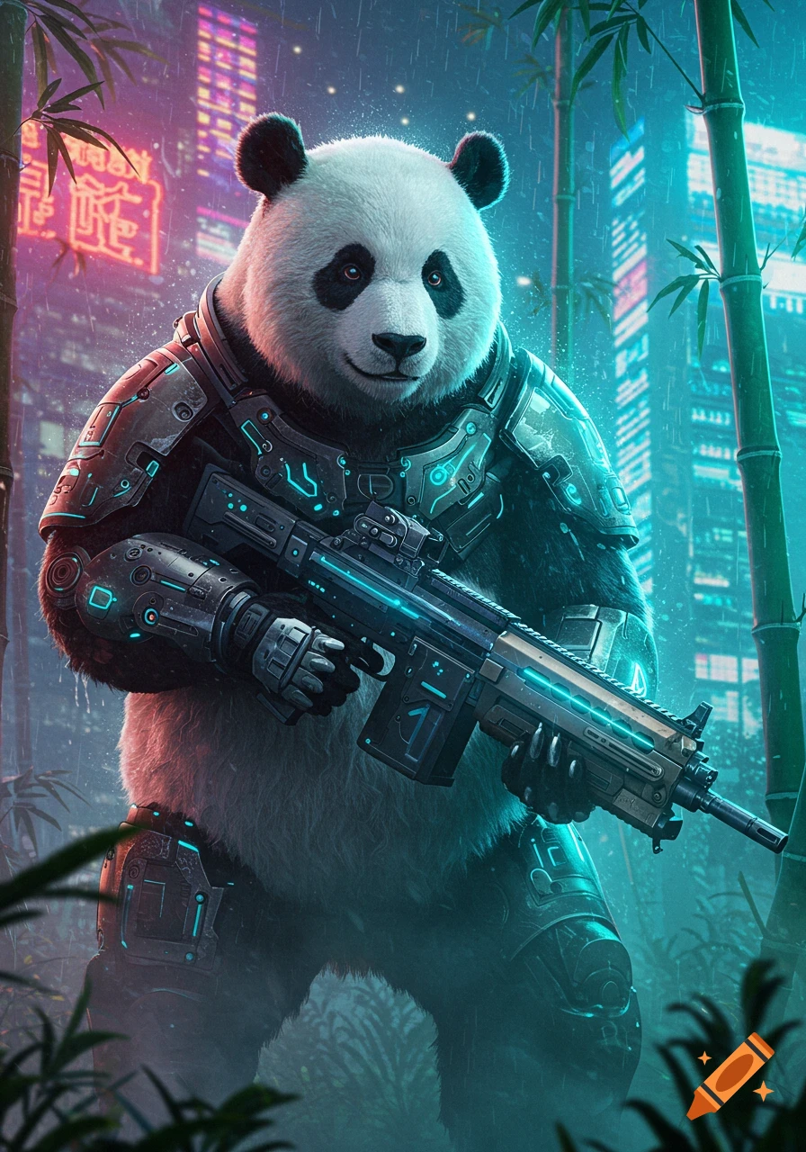 A majestic panda in glowing futuristic armor holds a machine gun, standing in a rainy cyberpunk city with neon signs and bamboo.