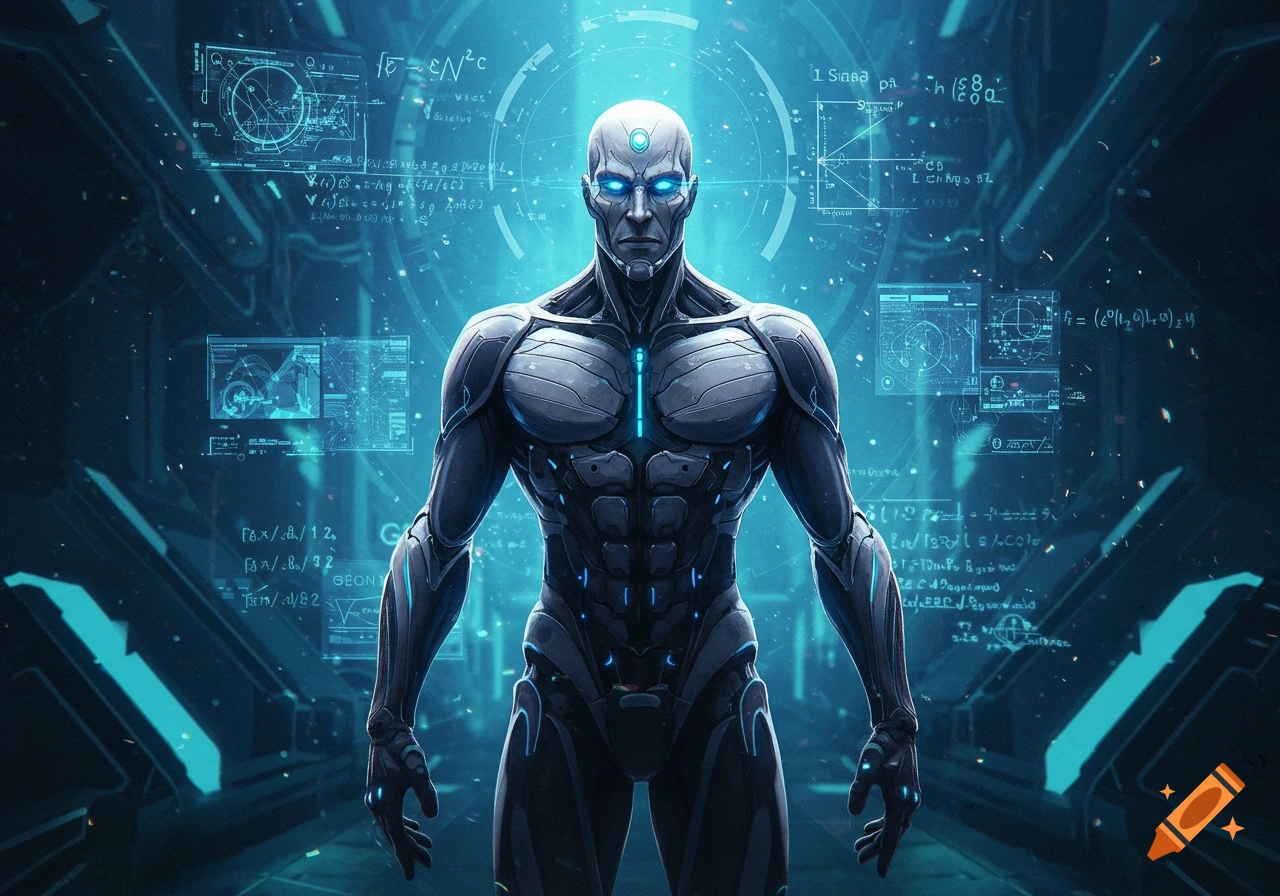 A powerful, muscular humanoid robot with glowing blue eyes and chest stands in a dark, futuristic chamber filled with holographic scientific data.