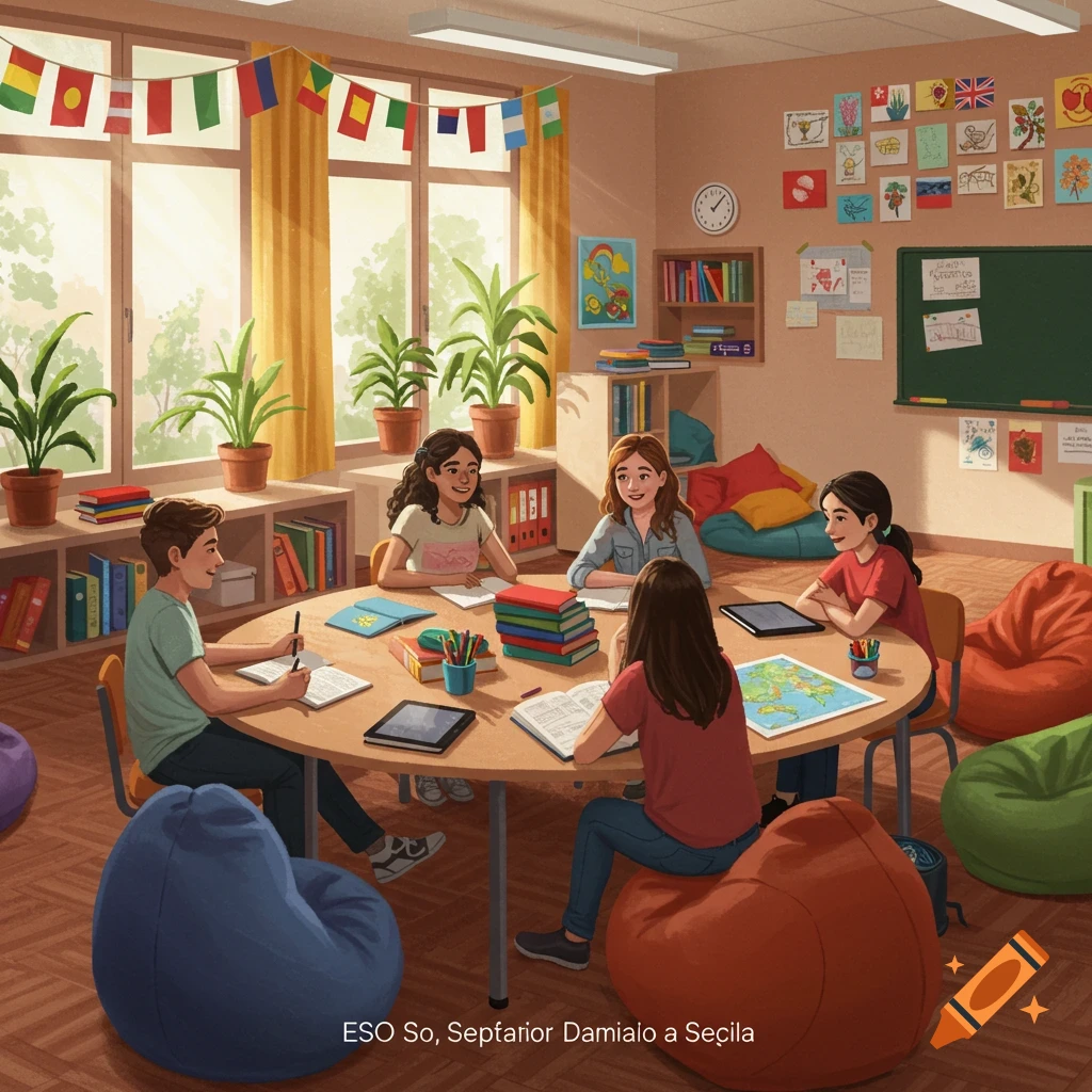 A group of diverse students sits around a round table in a bright classroom, studying. Books, tablets, and a world map are on the table. Beanbags are scattered around.