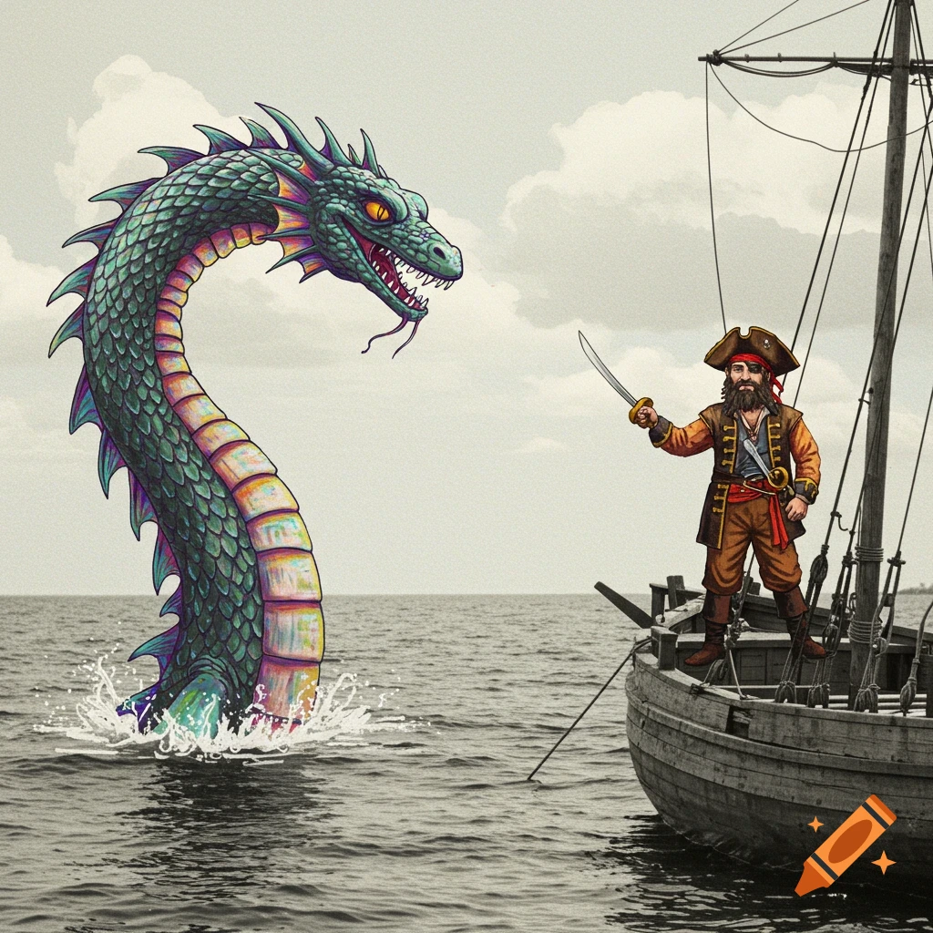 A colorful sea monster with bright scales emerges from the ocean, facing a bearded pirate with a sword standing on a wooden boat under a cloudy sky.