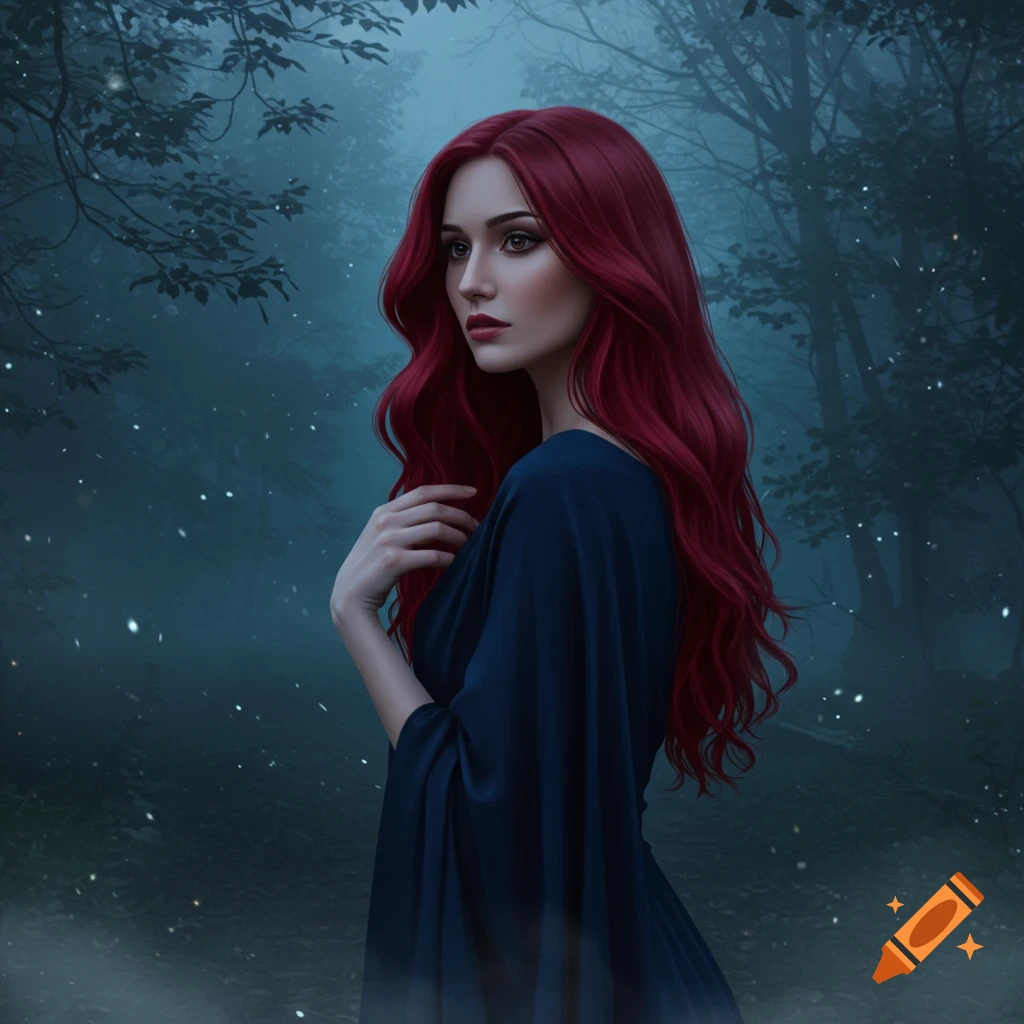 A woman with long red hair and a dark blue dress stands in a misty, dark forest, looking to her left. Digital art.