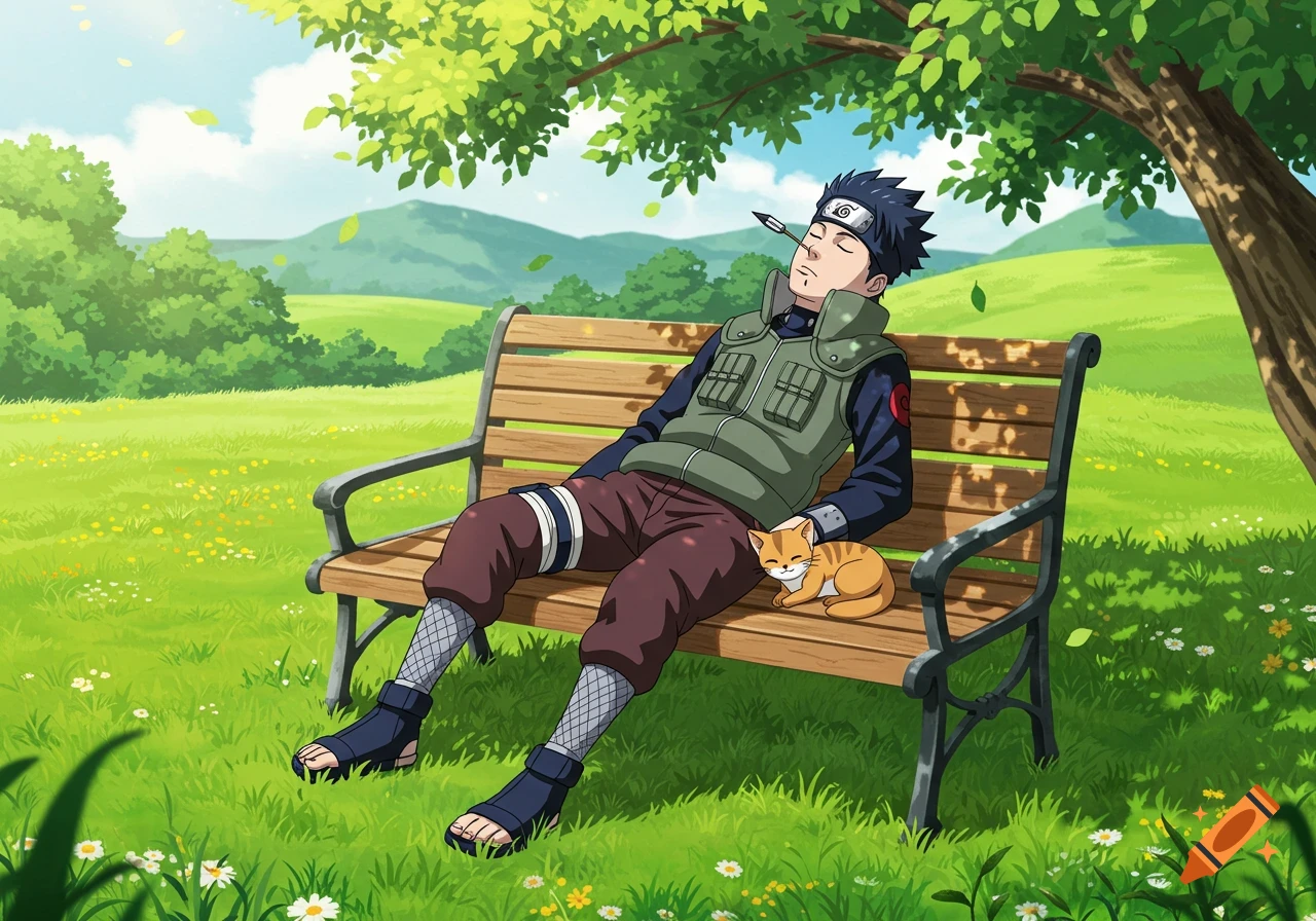 An anime character, Genma Shiranui, from Naruto, naps on a park bench under a tree, with a small ginger kitten sleeping beside him.