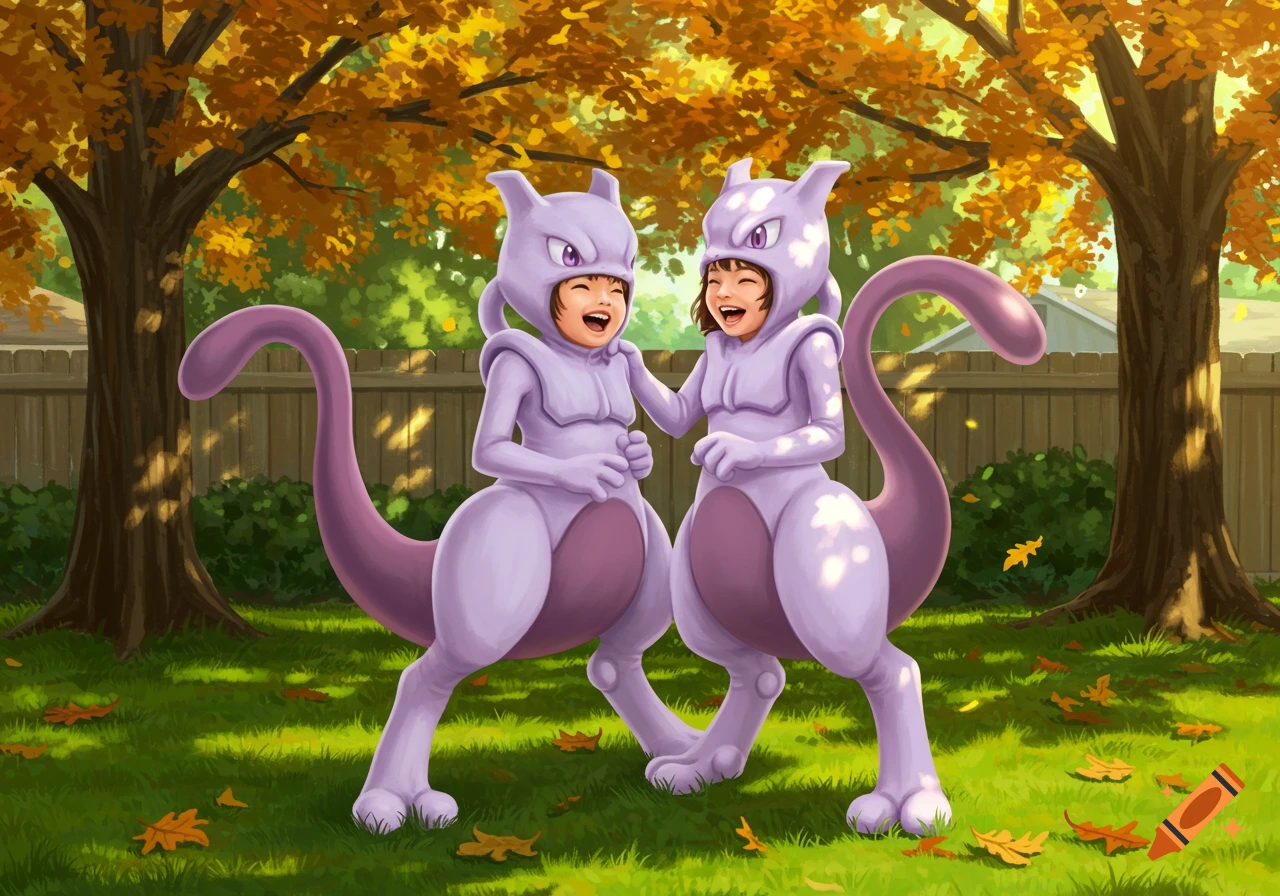 Two laughing children in purple Mewtwo costumes in a sunny autumn backyard with trees and fallen leaves.